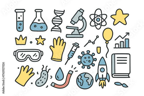 Laboratory Doodle Icons. Laboratory doodle icon set: hand drawn icons of test tube, flask, microscope, DNA, atom, star, crown,