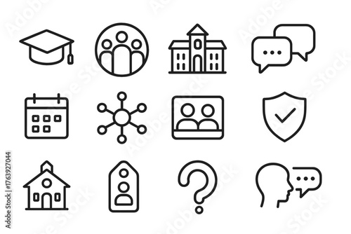 Alumni Network Icons. Line style round icons of alumni and peer networks: graduation hat, group circle, old campus, chat link;