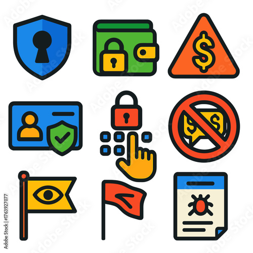 Fraud Security Icons. Flat vector icons of fraud and financial security: shield with keyhole icon, locked wallet symbol, warning