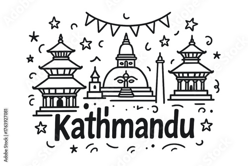 Kathmandu Square Doodle. Doodle kathmandu durbar square with stars, temples, and flags, center word “Kathmandu” in black and white