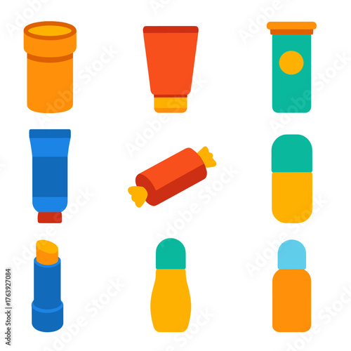 Vibrant Tube Packaging Icons. Flat vector icons of cylindrical and tube packaging: paperboard tube icon, cosmetic squeeze tube,
