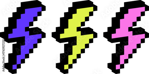 Colorful lightning flash pixel art element with 3d effect. Thunder icon. Trendy collage sticker. Mood of 90's. 8 bit retro game style vector illustration. Simple geometric lightning bolts shape