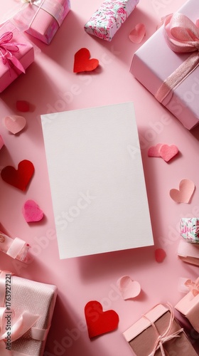 Colorful Gifts and Hearts Decorate a Blank Note in a Festive Arrangement for ...