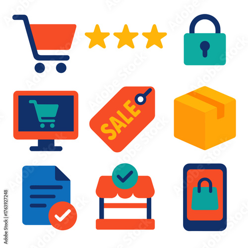Modern E-commerce Icons. Flat vector icons of e-commerce and online sales: shopping cart icon, product review stars, secure