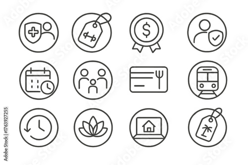 Employee Benefits Icons. Line style round icons of employee benefits: medical plan, gym tag, retirement badge, insurance shield;