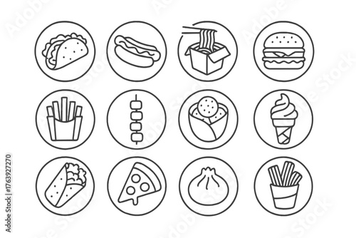 Street Food Icons. Line style round icons of street food: taco, hot dog, noodles, burger; fries, kebab, falafel, ice cream; wrap,