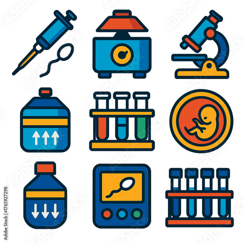 Reproductive Lab Icons. Flat vector icons of reproductive lab equipment: micro-pipette with sperm, centrifuge machine icon,