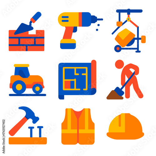 Construction Activity Icons. Flat vector icons of construction activities: bricklaying with trowel, drilling into wall, concrete