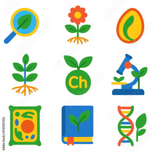 Botany and Science Icons. Flat vector icons of botany and science elements: magnifying glass with leaf, labeled plant part diagram