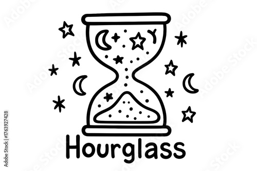 Starry Hourglass Doodle. Doodle hourglass with stars, sands, and moons, center word “Hourglass” in black and white isolated