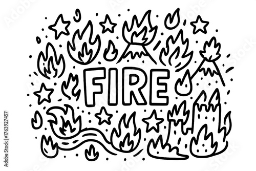 Doodle Fire Kingdom. Doodle fire kingdom with stars, flames, and volcanoes, center word “Fire” in black and white isolated