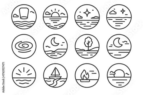 River and Sky Icons. Line style round icons of river and sky scenes: sky lantern, river light, floating reflection, star above;