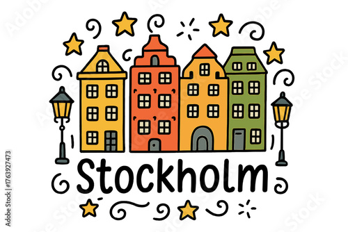 Colorful Stockholm Doodle. Doodle stockholm gamla stan with colorful houses, stars, and lanterns, center word “Stockholm” in black