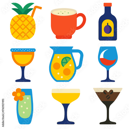 Bold Alcoholic Icons. Flat vector icons of alcohol drink: tropical drink in pineapple shell, classic eggnog mug, plum wine bottle.
