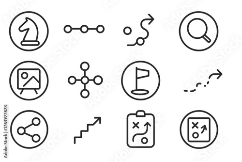 Strategic Thinking Icons. Line style round icons of strategic thinking: chess piece, timeline, path arrow, magnifier; vision board