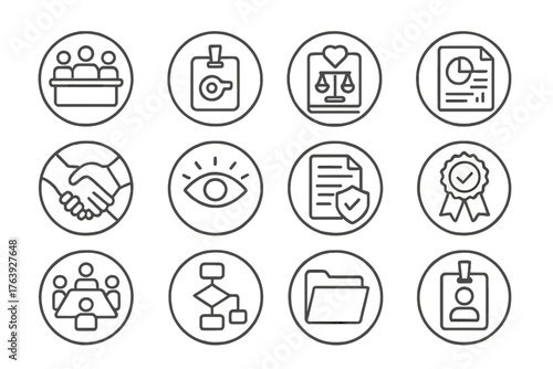 Ethics and Governance Icons. Line style round icons of ethics and governance: ethics board, whistleblower tag, values guide,