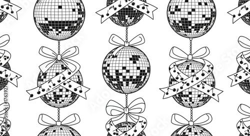 Seamless pattern of disco balls with ribbon and bow on white