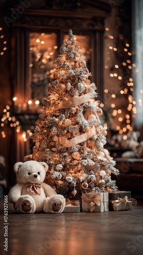 Cozy Christmas Scene With a Decorated Tree and Teddy Bear in a Warm, Festive ...