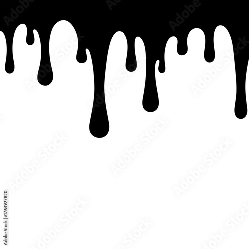 Black dripping paint or liquid effect on white background. Modern abstract vector splash element for poster, street art, or fashion design.