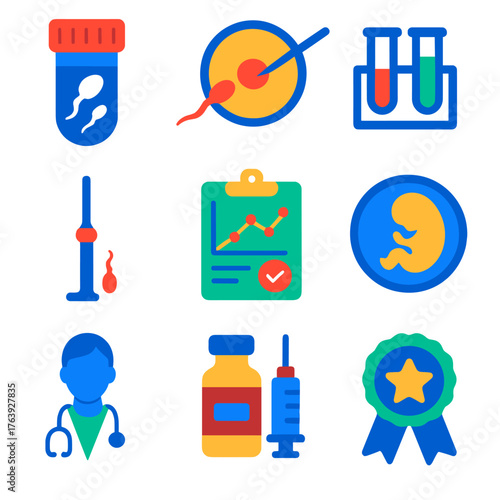 Fertility Medicine Icons. Flat vector icons of reproductive medicine: sperm donor vial, IVF process icon, fertility lab,