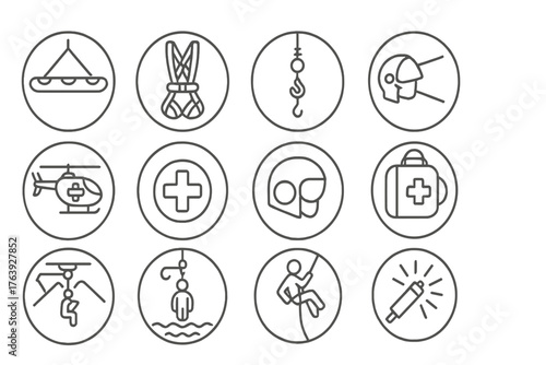 Aerial Rescue Icons. Line style round icons of aerial rescue: stretcher, harness, hoist cable, searchlight; medevac icon,