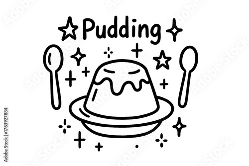 Galactic Pudding Doodle. Doodle pudding with stars, spoons, and sparkles, center word “Pudding” in black and white isolated
