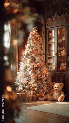 Cozy Christmas Scene With a Decorated Tree, Presents, and a Teddy Bear in a W...