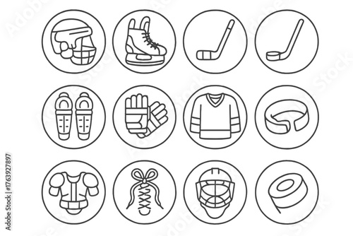 Hockey Equipment Icons. Line style round icons of hockey equipment: helmet, skates, stick, puck; shin guards, gloves, jersey,