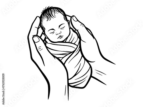 A simple black and white line hands cradling a swaddled newborn baby, symbolizing newborn baby care, protection, and love. Small premature baby
