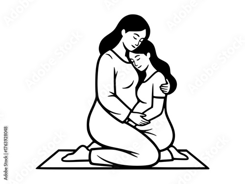 A simple black and white line illustration of a mother lovingly embracing her pregnant daughter as they kneel on a mat, symbolizing care, protection, and family connection.