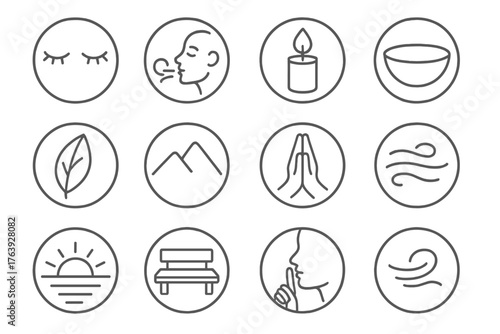 Inner Peace Icons. Line style round icons of inner peace: closed eyes, deep breath, candle flame, empty bowl; leaf, mountain,