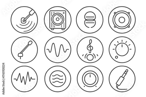 Analog Sound Elements Icons. Line style round icons of analog sound: needle, groove, speaker cone, coil; wood cabinet, metal arm,