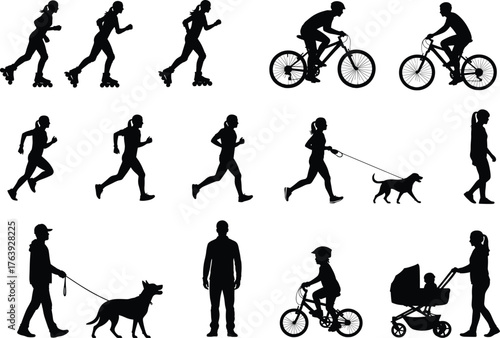 Silhouettes of people doing outdoor activities, rollerblading, biking, jogging, dog walking, flat vector, isolated