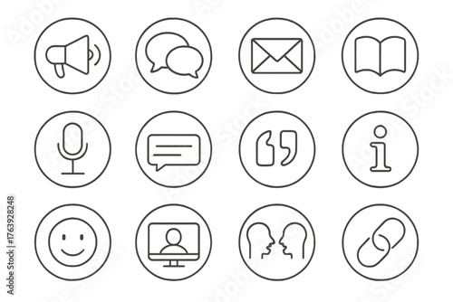 Communication Line Icons. Line style round icons of communication traits: loudspeaker, conversation bubble, email icon, open book;