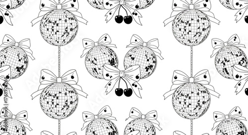Elegant pattern of disco balls with ribbons and cherry accents in black and white