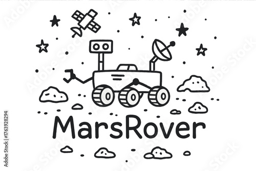 Mars Rover Doodle. Doodle mars rover with stars, rocks, and satellites, center word “MarsRover” in black and white isolated