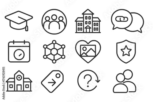 Alumni Network Icons. Line style round icons of alumni and peer networks: graduation hat, group circle, old campus, chat link;