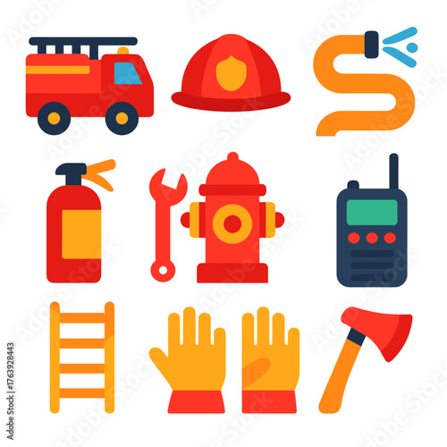 Firefighting Icons Set. Flat vector icons of firefighting and emergency services: fire truck icon, firefighter helmet, water hose