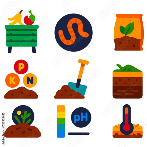 Composting Icons Set. Flat vector icons of composting and soil health: compost bin with scraps, worm composting icon, soil layers
