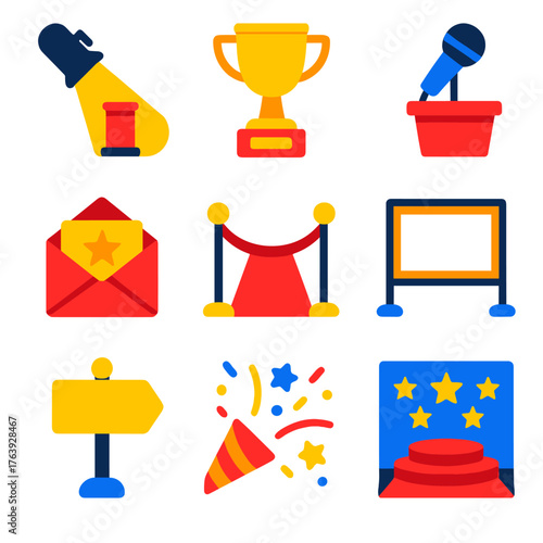 Awards Icon Set. Flat vector icons of award ceremony setup: spotlight on podium, trophy icon, microphone at lectern, nominee