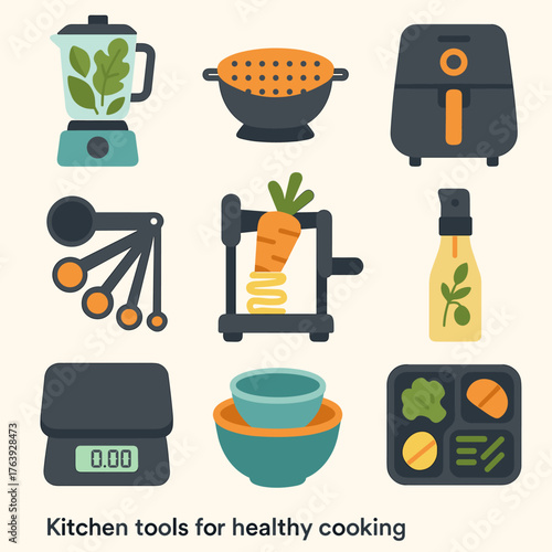 Healthy Kitchen Tools. Flat vector icons of kitchen tools for healthy cooking: blender with greens, steamer basket, air fryer icon