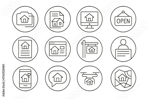 Real Estate Icon Set. Line style round icons of real estate marketing: property photo, listing description, virtual tour, open