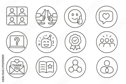 Remote Team Culture Icons. Line style round icons of remote team culture: group video, virtual cheers, emoji reaction, message
