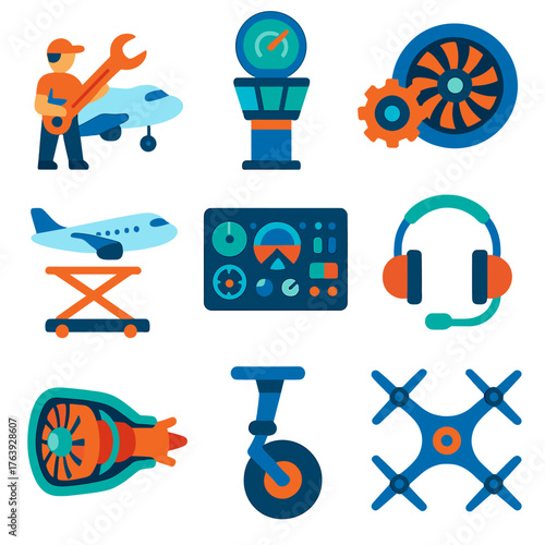 Aviation Tech Icons. Flat vector icons of aviation and aircraft tech: airplane maintenance icon, control tower radar, aircraft