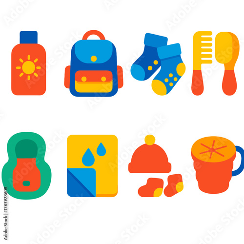 Baby Essentials Icons. Flat vector icons of baby care: baby sunblock lotion, mobile diaper bag organizer, non-slip baby socks.
