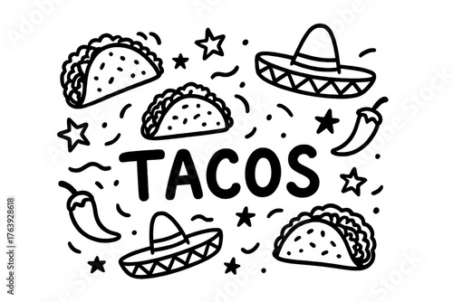 Doodle Tacos Design. Doodle mexican tacos with stars, peppers, and sombreros, center word “Tacos” in black and white isolated