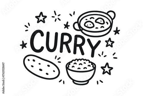 Doodle Curry Delight. Doodle indian curry with stars, naan, and bowls, center word “Curry” in black and white isolated transparent