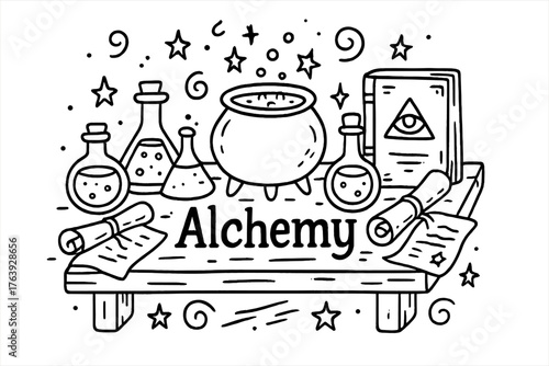 Alchemy Doodle Table. Doodle alchemy table with stars, potions, and scrolls, center word “Alchemy” in black and white isolated
