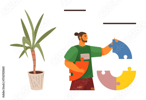 Person arranging colorful puzzle pieces, standing next to a potted plant. Ideal for teamwork, strategy, cooperation, growth, problem-solving, creativity personal development. Simple flat metaphor