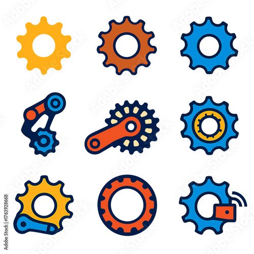 Minimalist Bicycle Icons. Flat vector icons of bicycle sprocket: minimalist single cog, sprocket with rust texture, clean alloy
